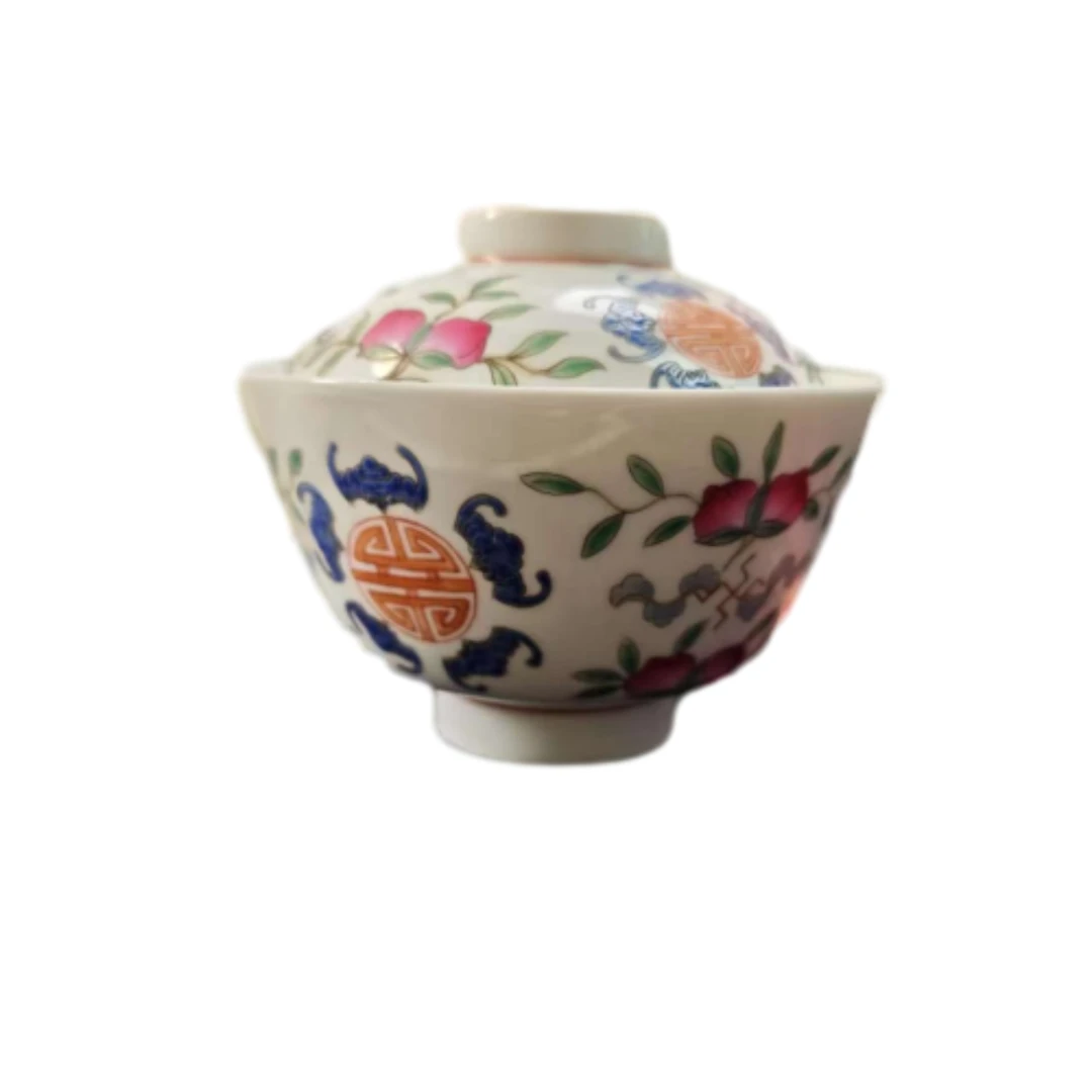 AS123 清同治二才粉彩五福盖碗