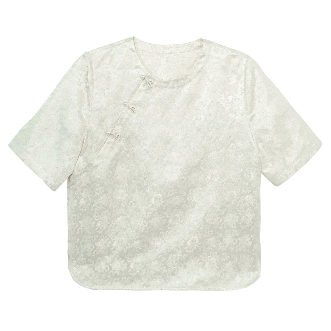 【白韵】新中式桑蚕丝夏季提花短袖圆领上衣休闲文艺斜襟小衫25164