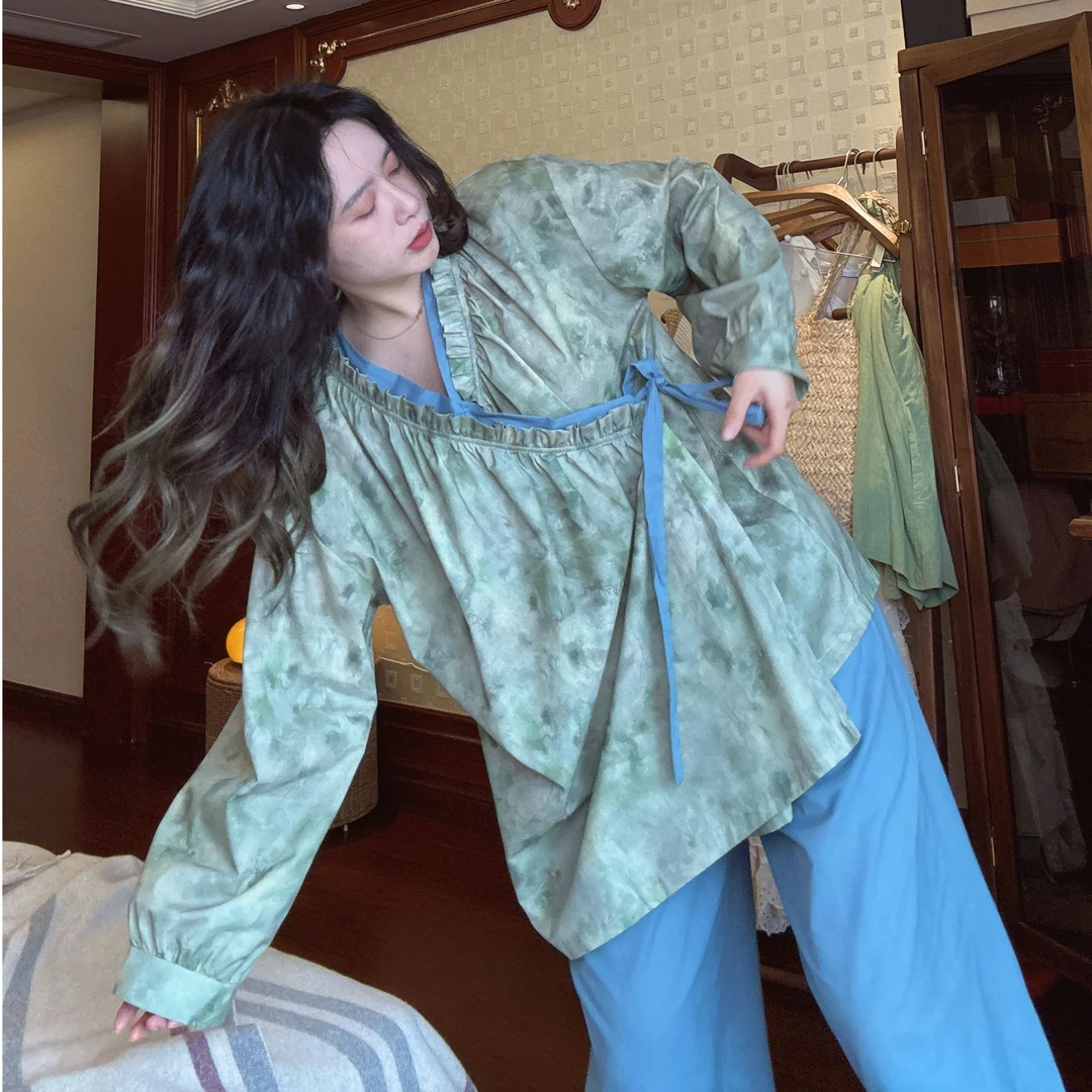 春夏季睡衣女士长袖长裤斜襟复古纯棉套装碎花薄款可外穿家居服