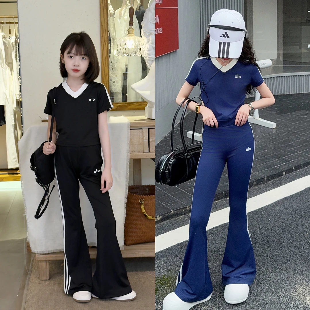 2025年夏季新款正肩v领短袖T恤女童冰丝微喇裤穿搭甜酷休闲两件套