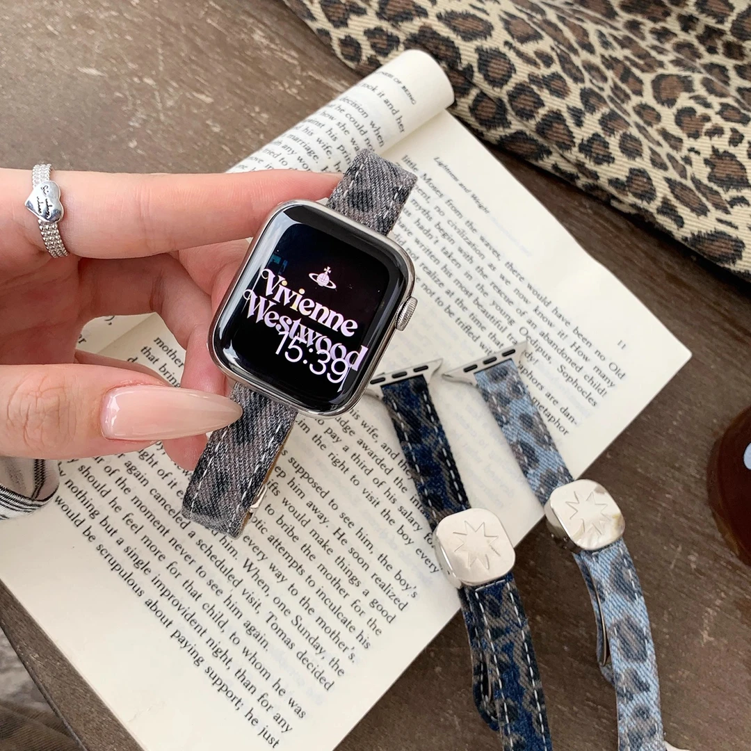 [复古牛仔]适用苹果iWatch牛仔豹纹iwatch手表秋冬通勤腕带表带