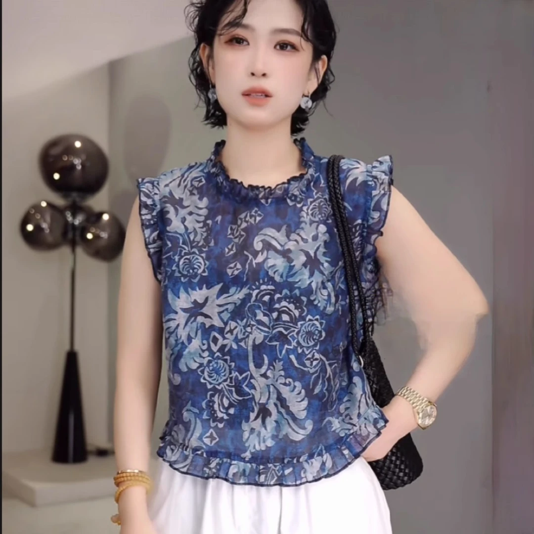 2025夏季新款时尚碎花木耳边印花上衣高级感百搭后背纽扣无袖衬衣