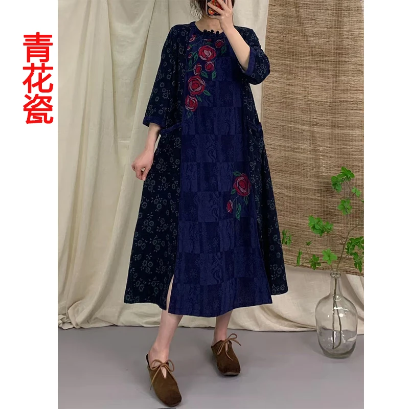 深蓝色青花瓷中袖连衣裙气质提花绣花百搭遮肉中长款民族风上衣