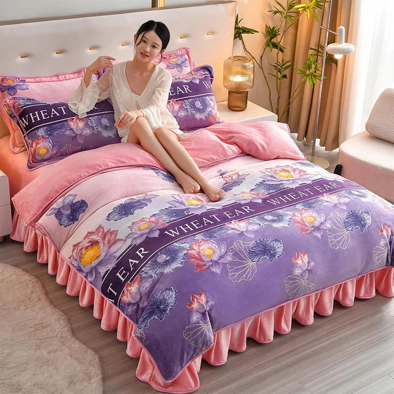 A类8.5斤加厚牛奶绒四件套冬季新款高克重被套床裙双面绒4件套