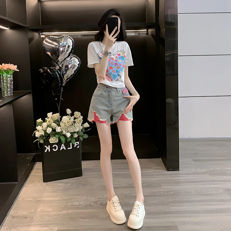 2025夏季新款女装套装韩版减龄短袖T恤搭牛仔短裤洋气显瘦两件套