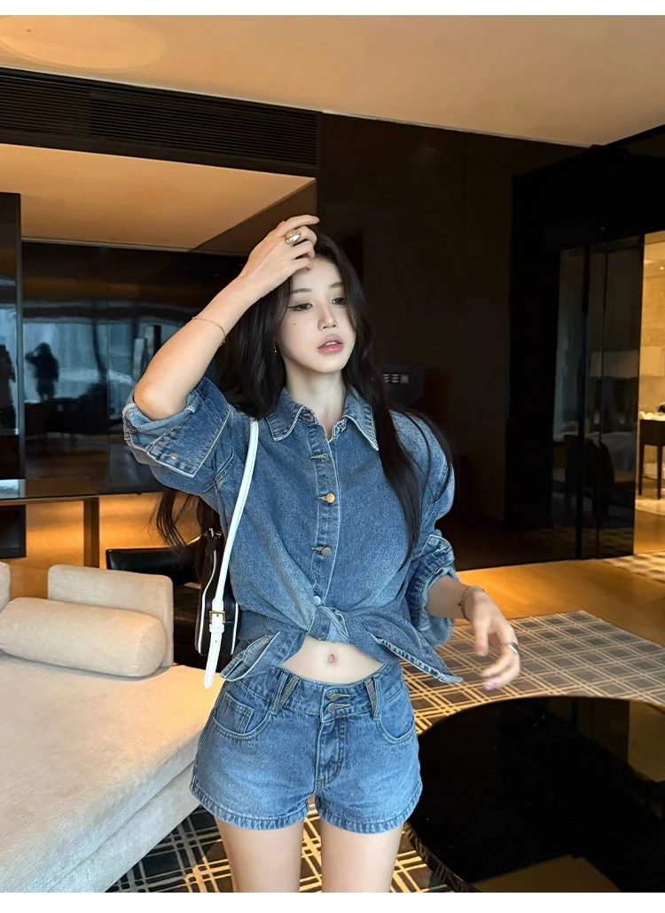 不冷BULENG复古蓝色经典水洗衬衫牛仔套装女百搭牛仔短裤两件套装