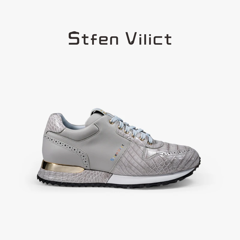 威廉史蒂芬男士休闲运动擦色牛皮拼接鞋子男款增高鳄鱼皮SV039