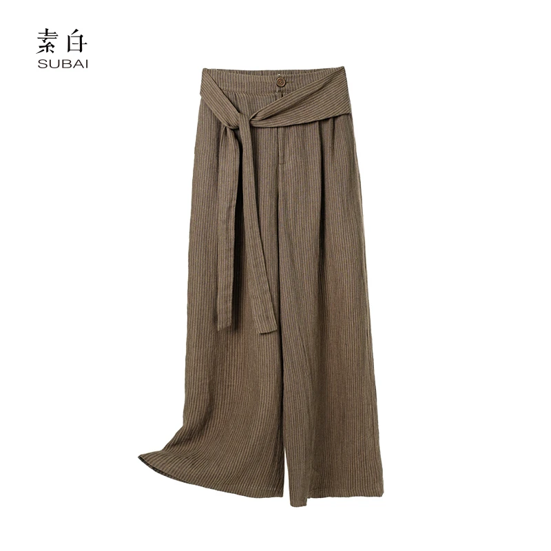 素白【漫游拾光】都市酷感P01071亚麻时尚条纹直筒裤高腰显瘦休闲裤