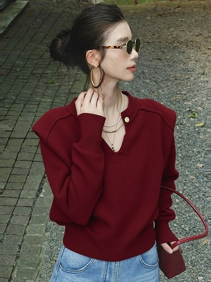 时髦气质安可拉红v领设计感毛衣2025冬季新款软糯百搭长袖针织衫