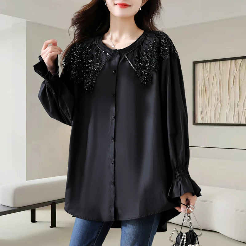 钉珠压皱黑色衬衫女秋季欧货时尚宽松上衣2025年新款大码衬衣
