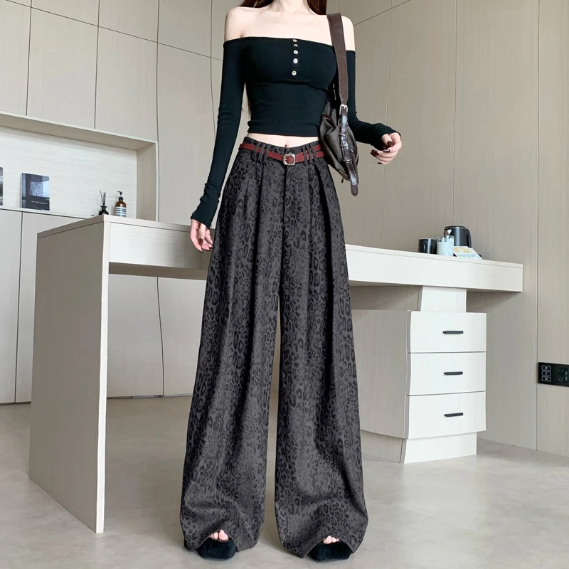 美式复古豹纹休闲阔腿裤女2025秋季新款高街宽松显瘦直筒拖地长裤