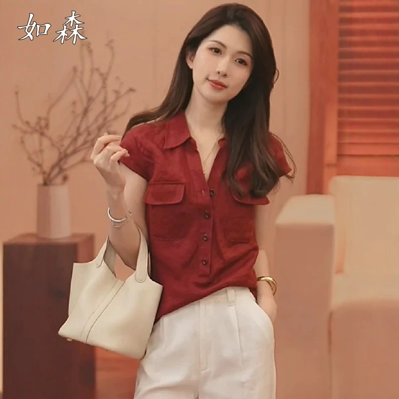 红色Polo领亚麻短袖衬衫女款2025新款夏季polo衫女款爆款2025新款