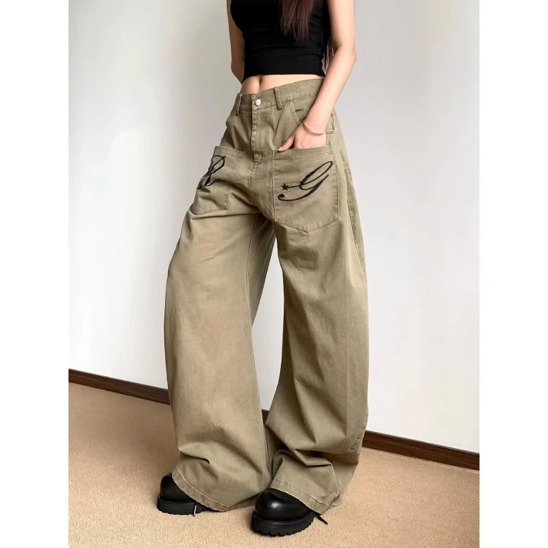 美式复古反穿贴袋刺绣牛仔裤男女宽松阔腿弯刀裤显瘦帅气休闲长裤