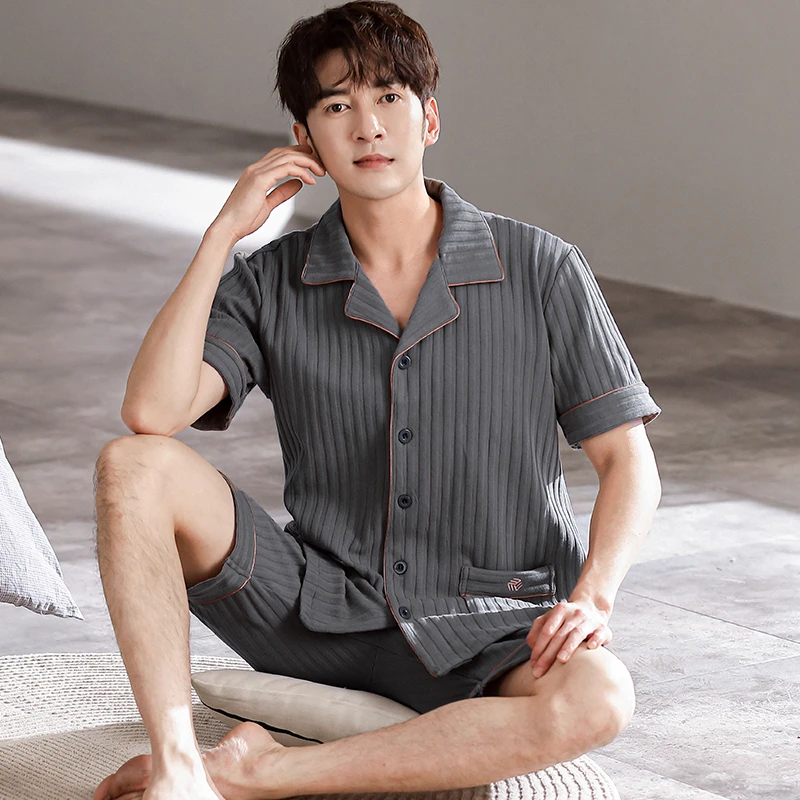 夏季男士短袖开衫睡衣套装加肥加大码家居服韩版休闲可外穿薄款
