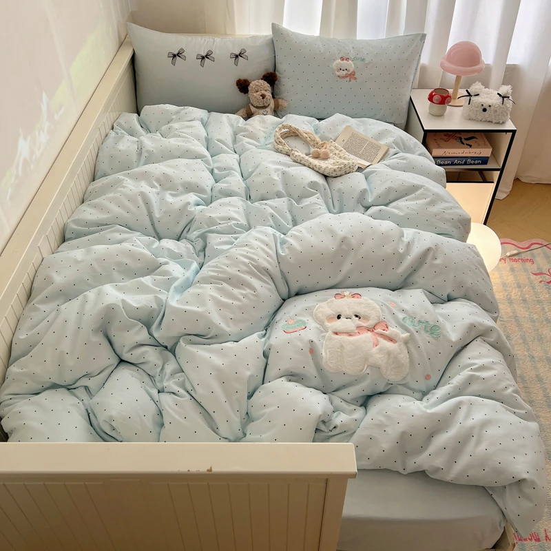 夏天毛巾绣少女四件套可爱女孩床品云朵棉亲肤被套床上用4件套