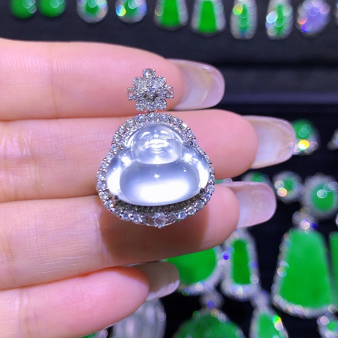 翡翠18K金镶嵌戒指玻璃种炸光吊坠戒指两用