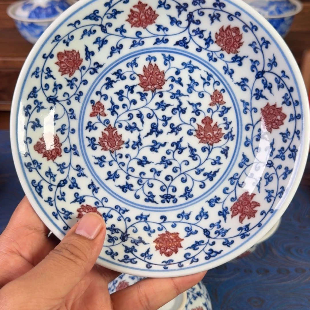 景德镇手工手绘青花釉里红缠枝莲内外满绘壶承