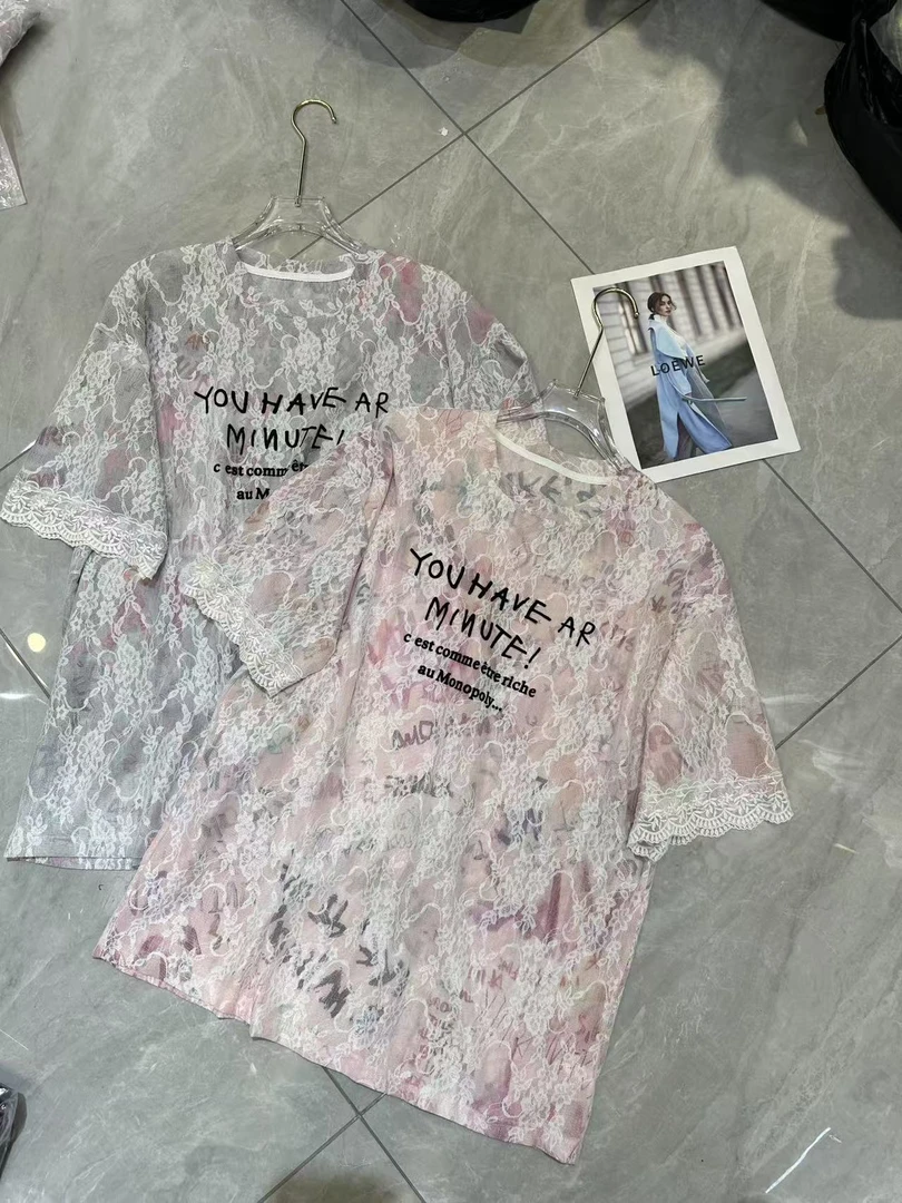 欧货蕾丝短袖T恤拼接字母印花上衣女2025夏季时尚宽松打底衫