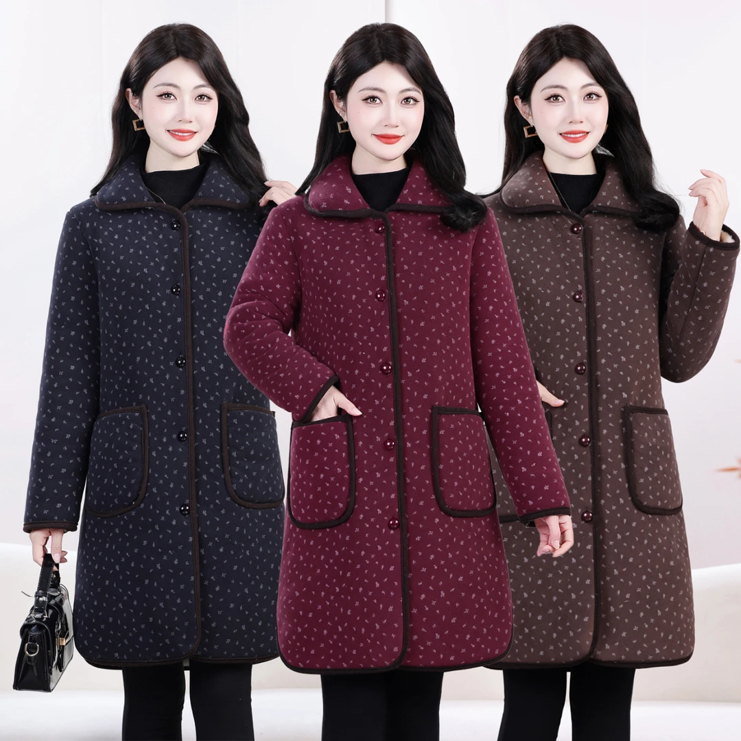 中长款中老年女装加绒显瘦翻领妈妈棉衣妈妈装中老年加厚棉衣外套
