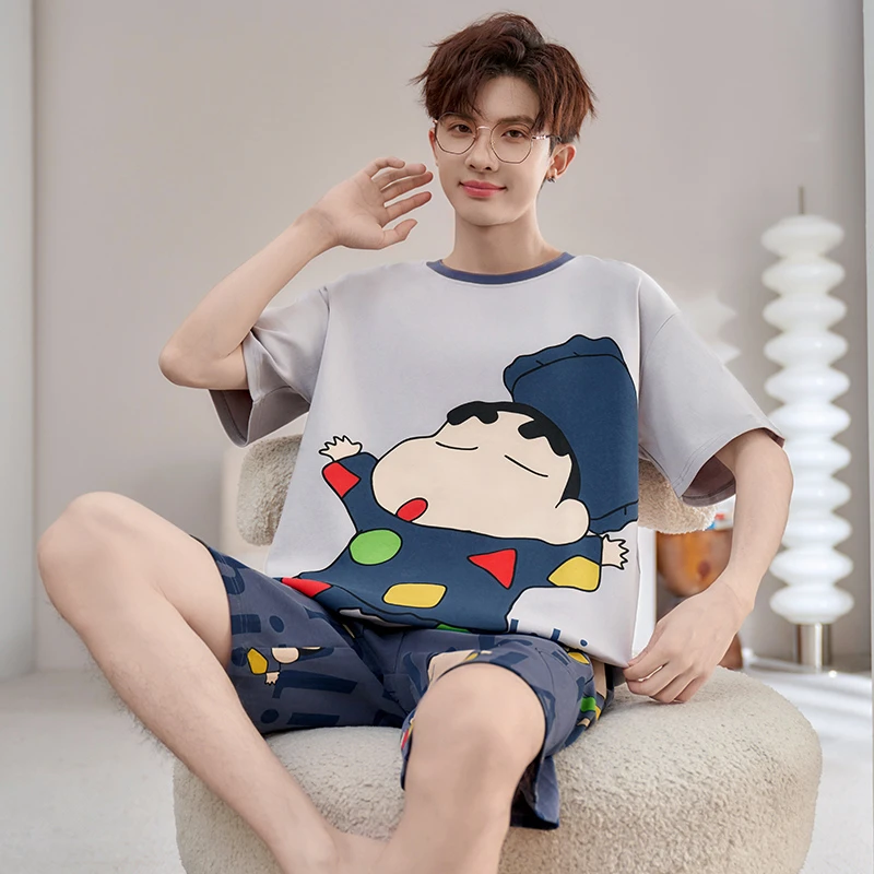 夏季纯棉男士睡衣薄款短袖卡通大码夏天青少年学生男款家居服套装