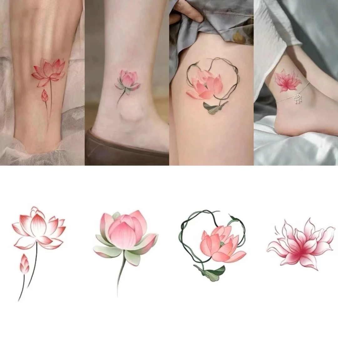 可水洗高颜值国风唯美荷花纹身贴脚踝防水纯欲风逼真不易掉不反光