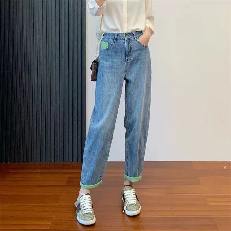 宽松显瘦哈伦牛仔裤女复古设计感高腰直筒小个子裤子