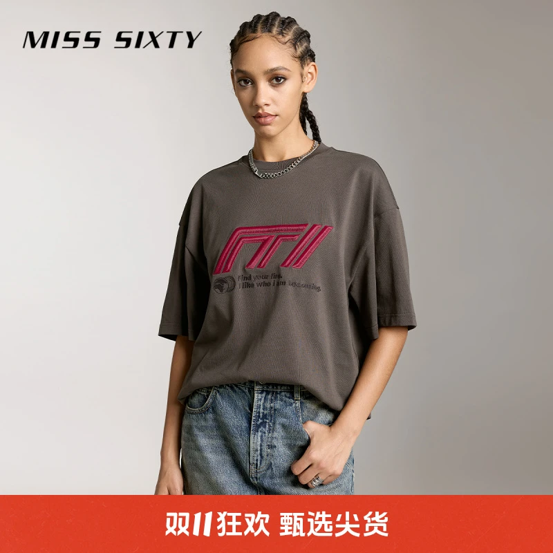 Miss Sixty短袖T恤女圆领宽松中长绣花赛车风休闲