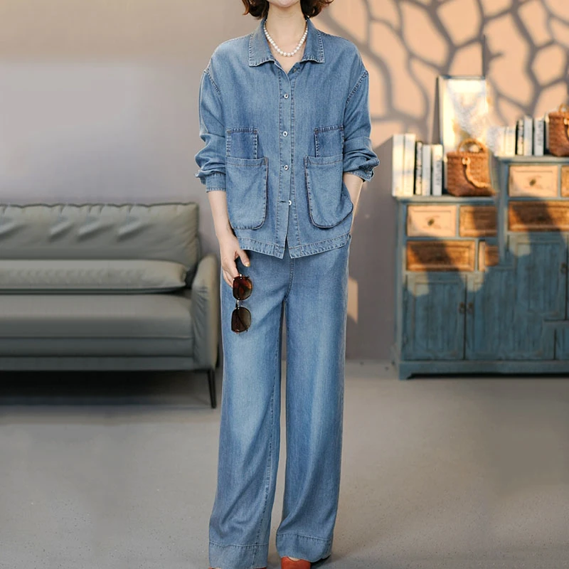 8820-6842蓝色套装2025夏季新款莱赛尔长袖衬衫裤子上衣九分裤