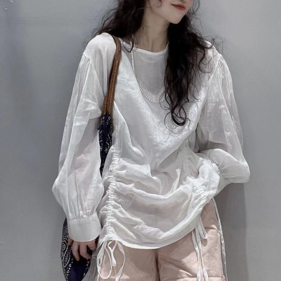 甜美仙女长袖防晒衬衣女2025夏季宽松休闲百搭抽绳韩版文艺上衣潮