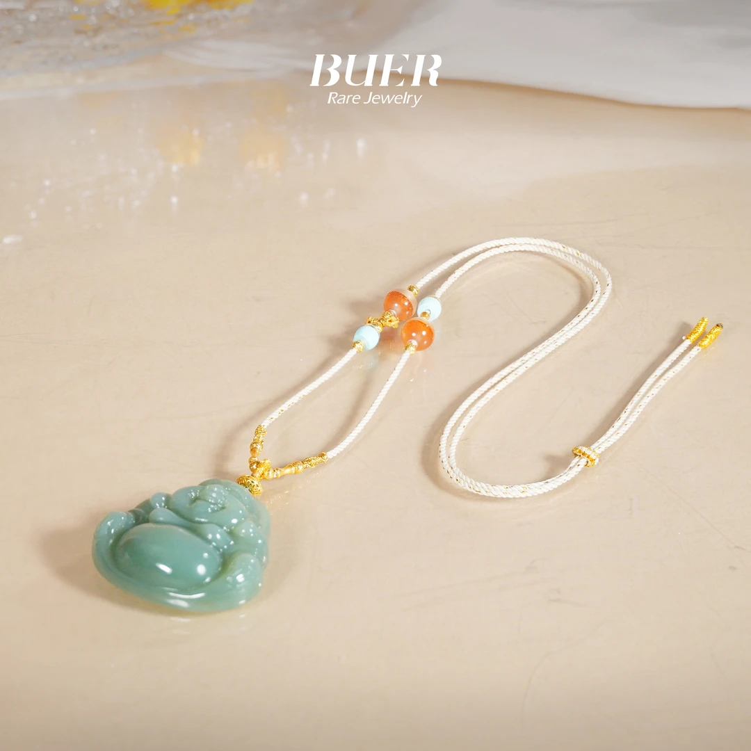 【不二】和田玉碧玉粉青18K金佛公DIY项链