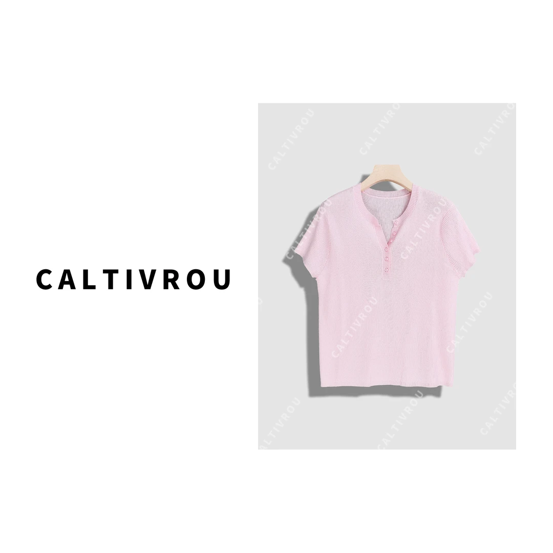 Caltivrou【现货】纯色半开领显瘦百搭短袖针织衫-Y16095
