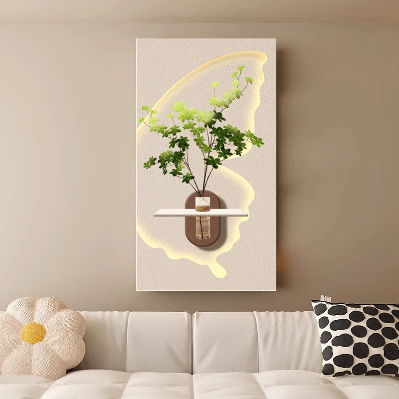 奶油风立体玄关装饰画水培绿植客厅挂画砂岩肌理创意高级感壁灯画
