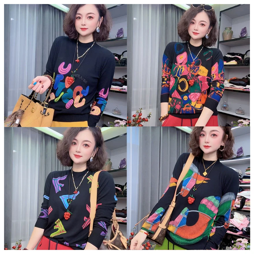 【DJ轻奢】半高领-秋冬时尚甜美印花宽松长袖针织衫