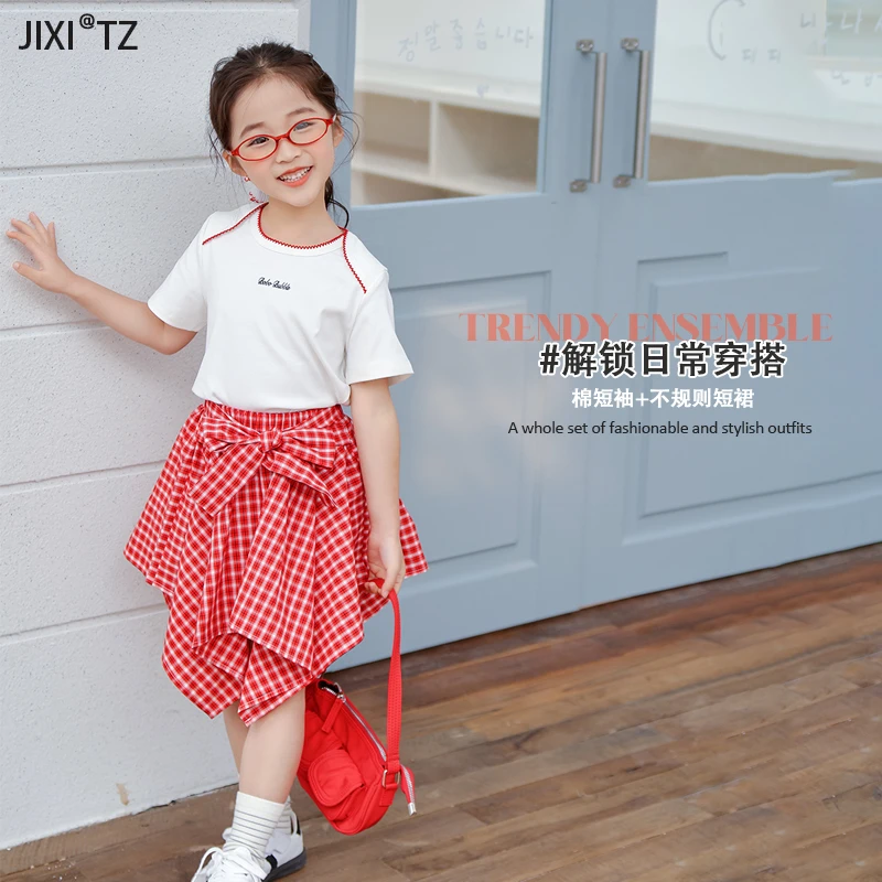 女童裙套装2025夏季新款儿童短袖潮酷不规则系带裙学院休闲两件套