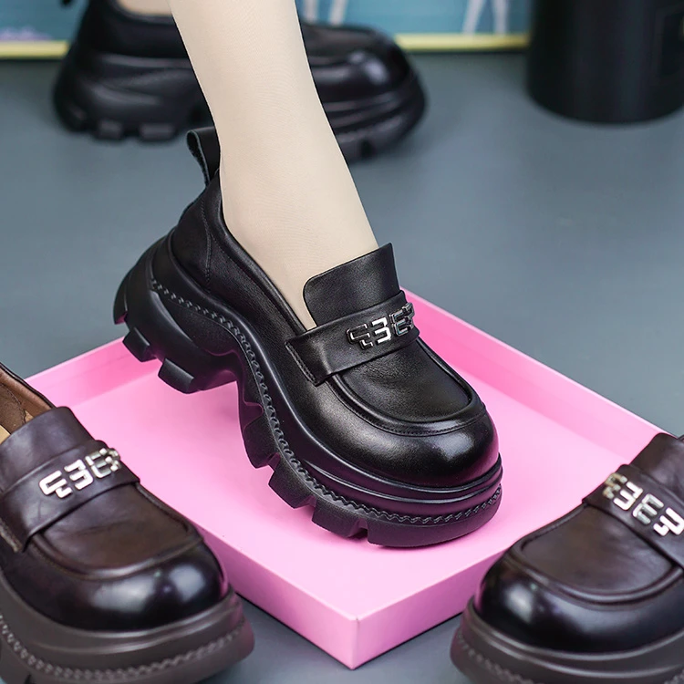 3218新款真皮休闲百搭单鞋头层牛皮圆头松糕厚底一脚蹬增高乐福鞋