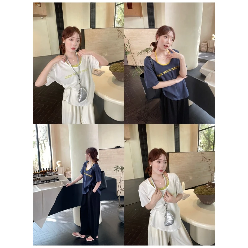 YPP！【罗马画报】夏季百搭V领短袖宽松印花薄款T恤挂脖背心两件套