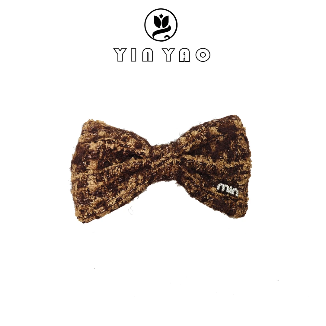 【YINYAO】原单毛呢蝴蝶结弹簧夹min0015儿童气质时尚可爱复古棕色