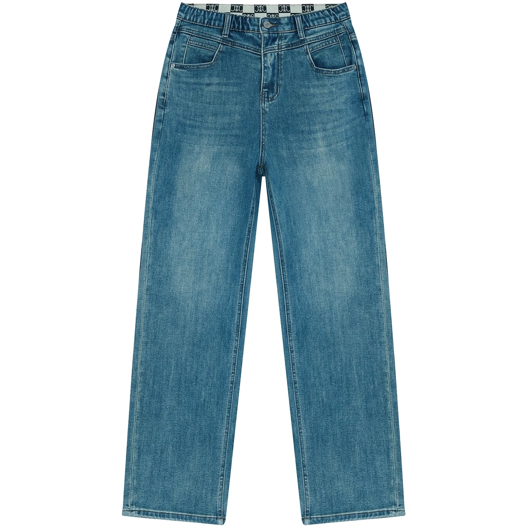 大码松紧腰弹力收腹高腰显瘦梨型苹果型身材直筒牛仔裤女款胖mm