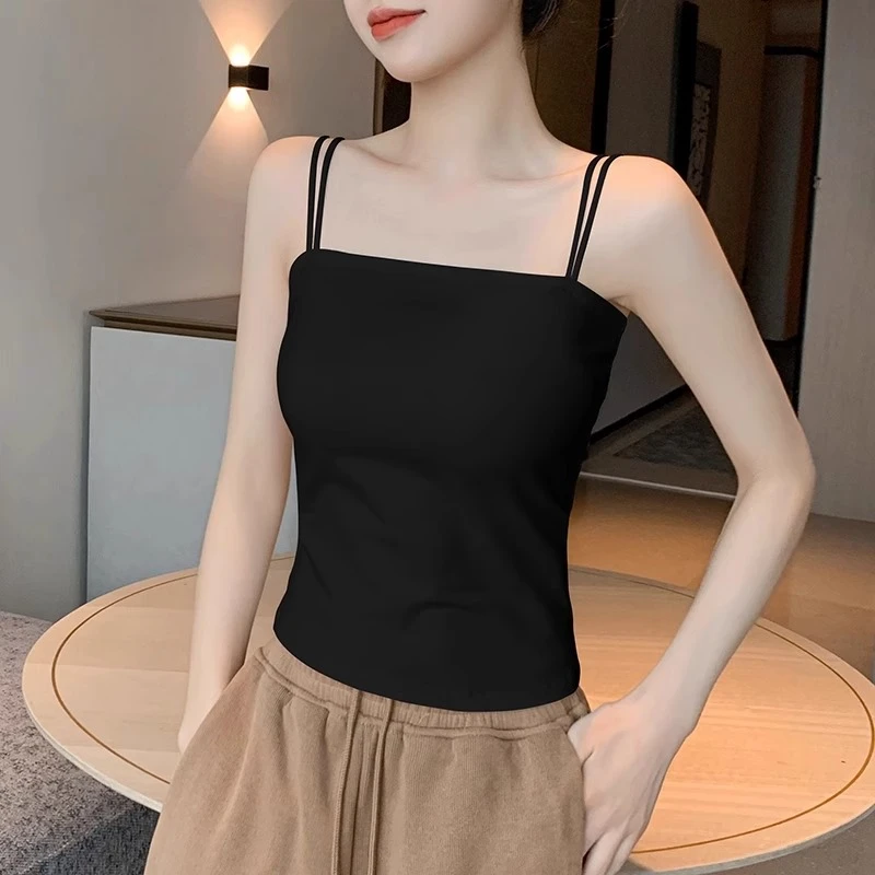 OVKM棉质吊带背心女内搭外穿带胸垫2025新款黑色美背文胸一体打底
