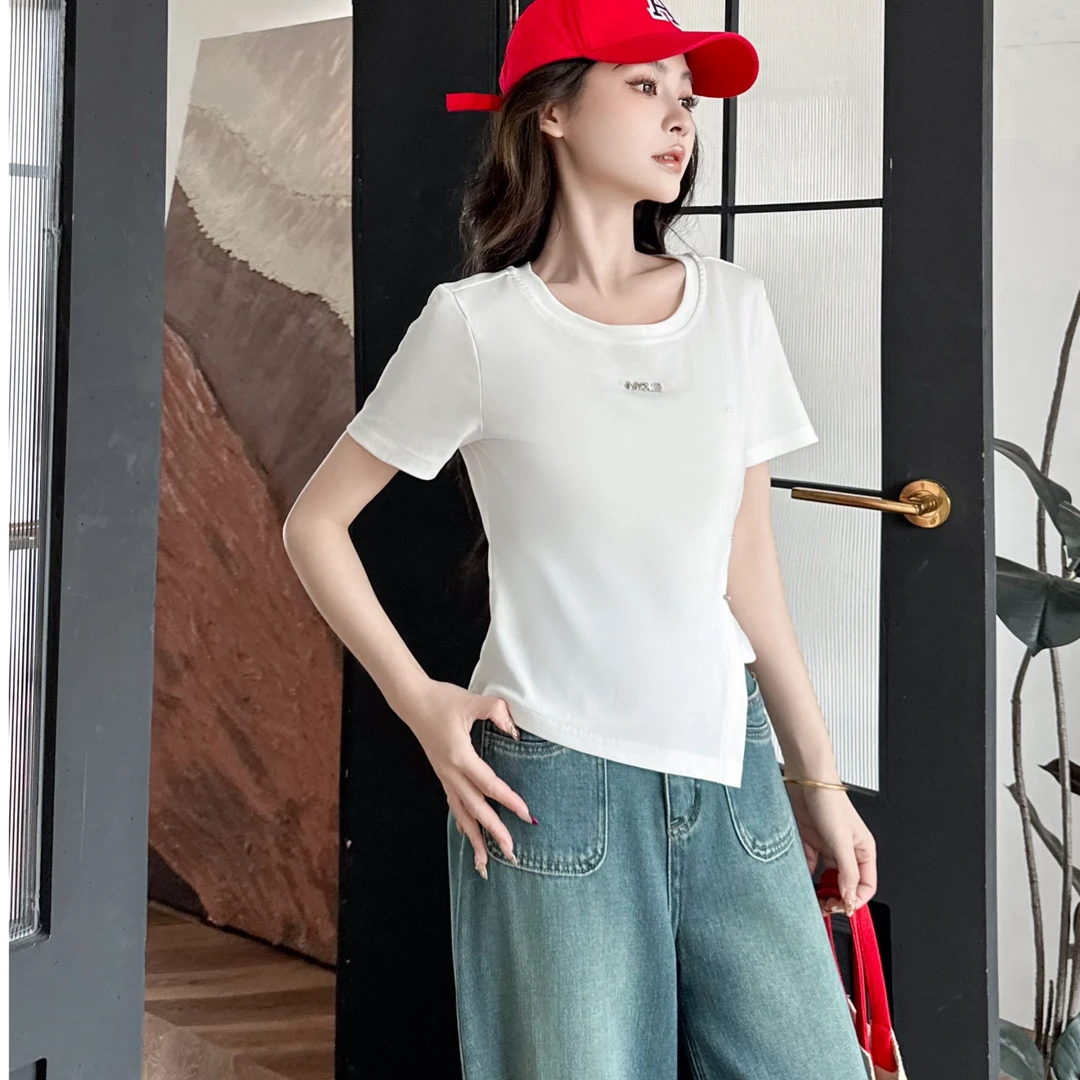不规则短袖T恤女夏季新款时尚洋气减龄上衣#080