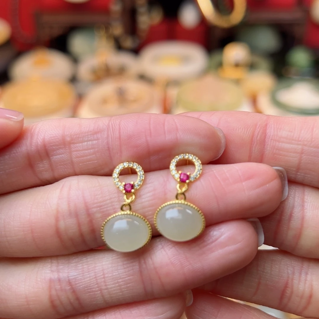 和田玉耳饰银S925镶嵌