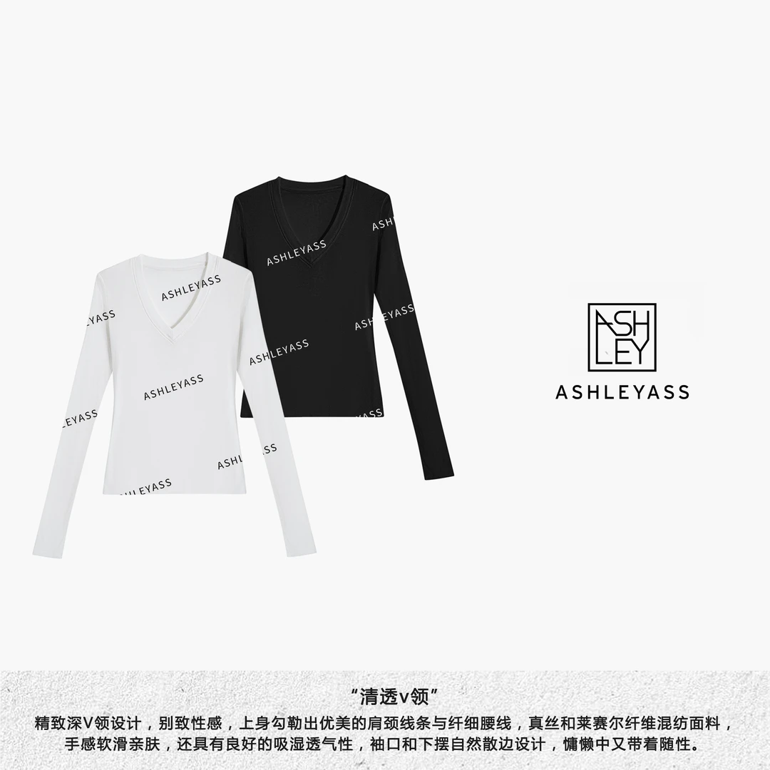 【ASHLEYASS】“清透V领”精致袖口和下摆自然散边设计T恤LSS241449R