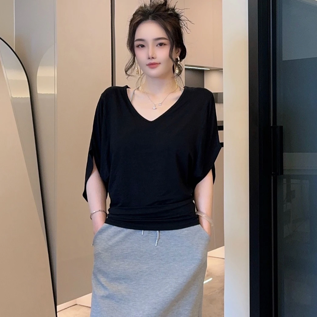 蝙蝠袖V领水感面膜T收腰五分袖短袖T恤女宽松纯色新款简约上衣