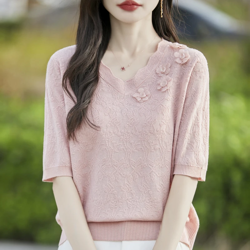哥弟阿玛施正品夏季V领甄选精致立体花朵针织衫薄款百搭气质T恤女