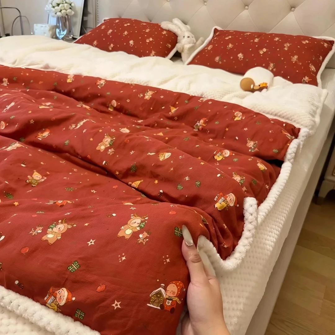 【 棉加华夫格绒四件套】冬季新款全棉纱布加绒单双人套件加厚保暖