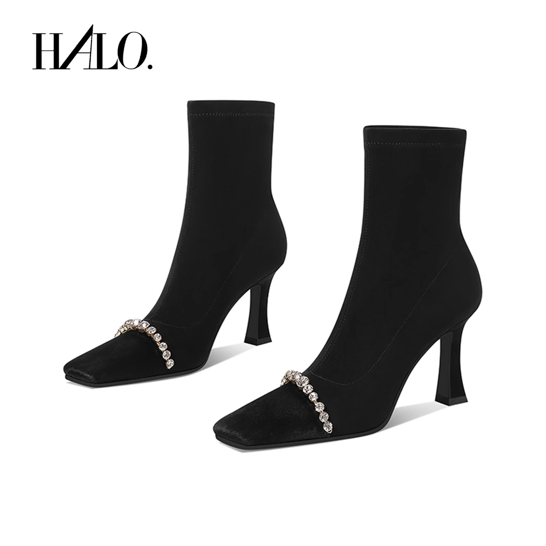 【跟高7cm】2025秋冬新款水钻弹力瘦瘦靴方头粗跟高跟短靴气质女