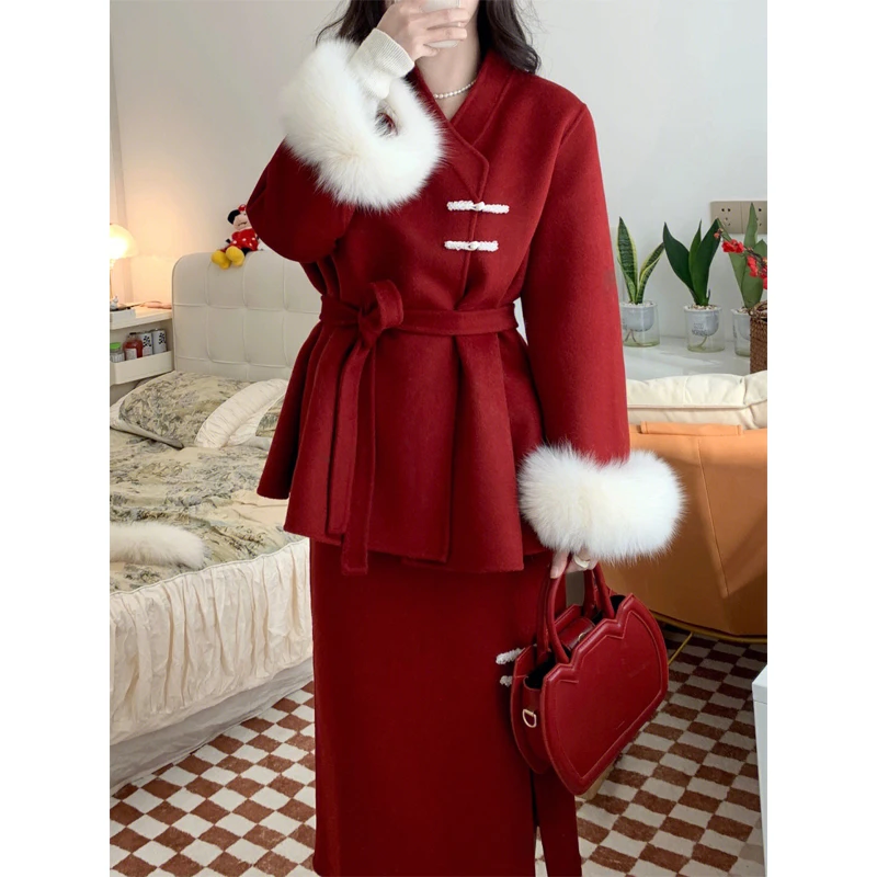 新年战袍新中式红色毛呢套装裙女秋冬新款新娘敬酒服结婚回门便服