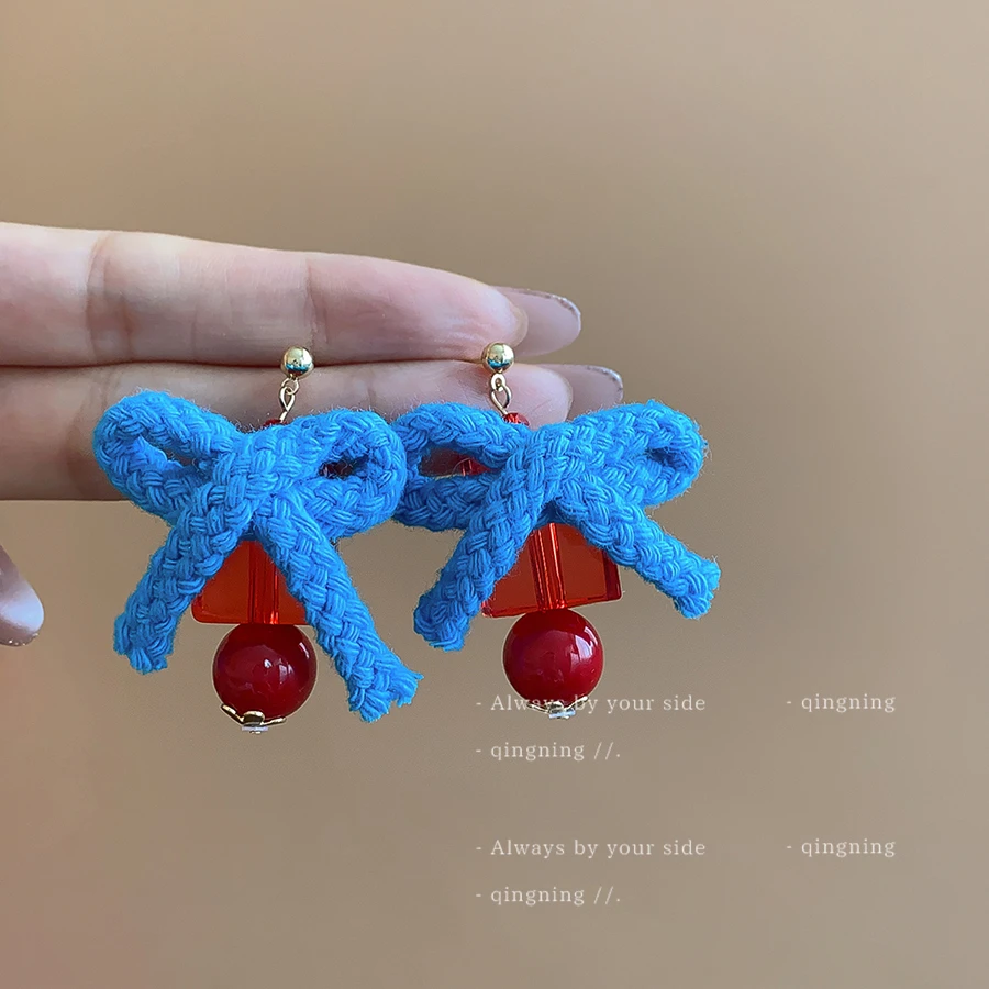 铜合金树脂耳饰 红蓝撞色编织绳蝴蝶结耳环小众设计耳钉新款耳饰