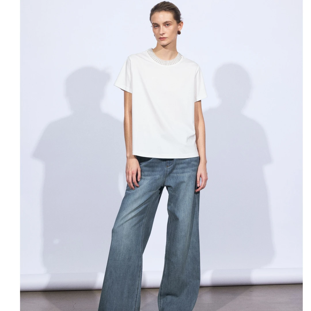 领口钉钻  莫代尔加桑蚕丝 极简 短袖 T恤 TX0245