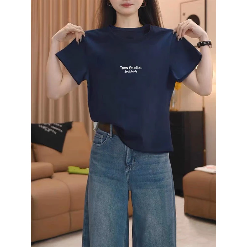 夏季圆领印花短袖t恤女宽松正肩女装高级感洋气显瘦半袖上衣打底